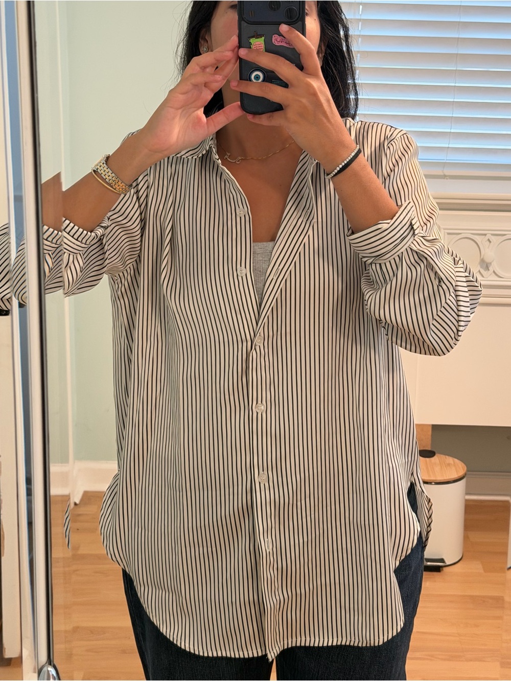 Blu Pepper Vertical Stripe Button-Down Shirt in Cream & Black